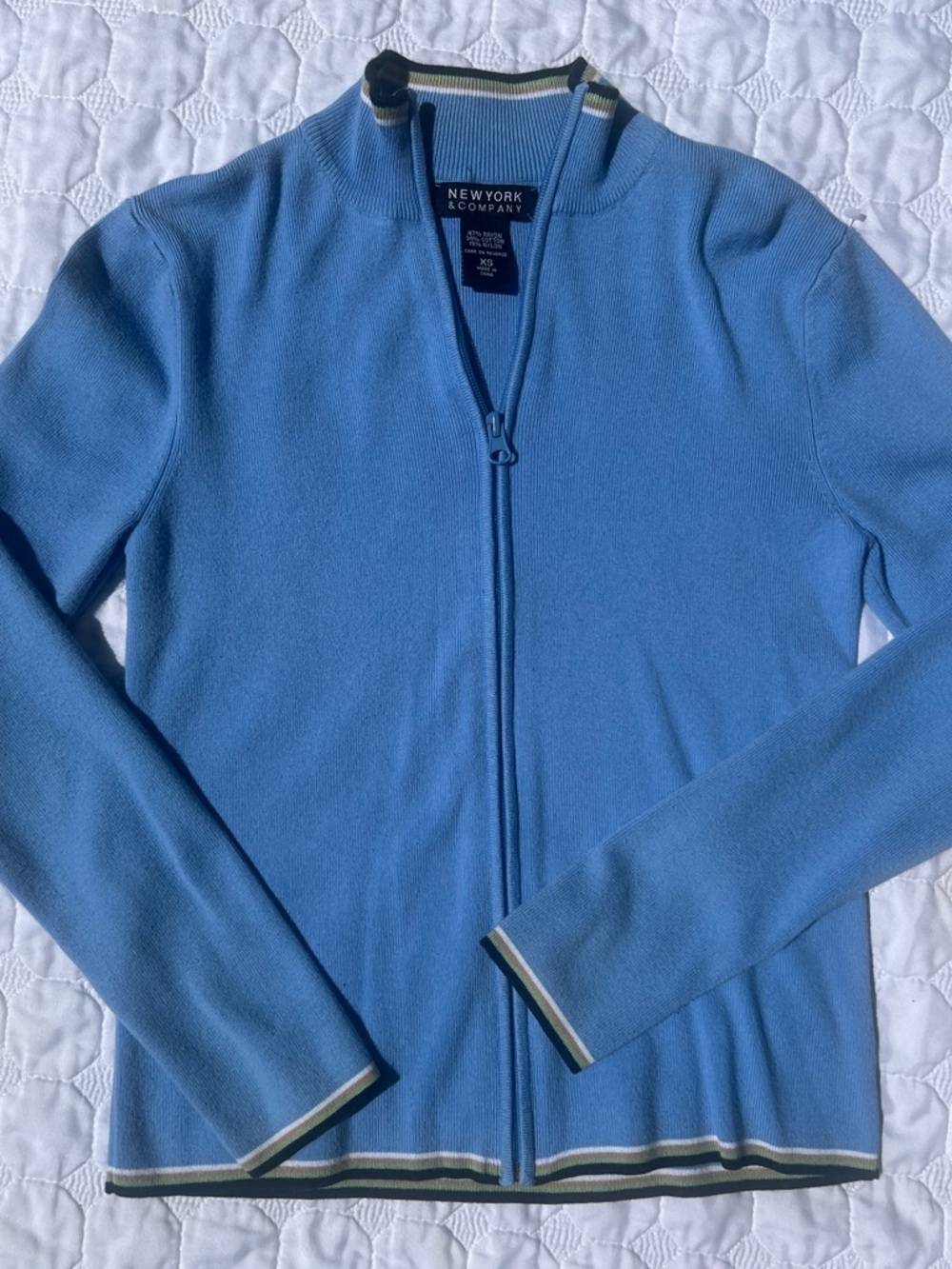 Vintage New York & Company Zip-Up Cardigan Blue + Green - Preppy Sweater - XS